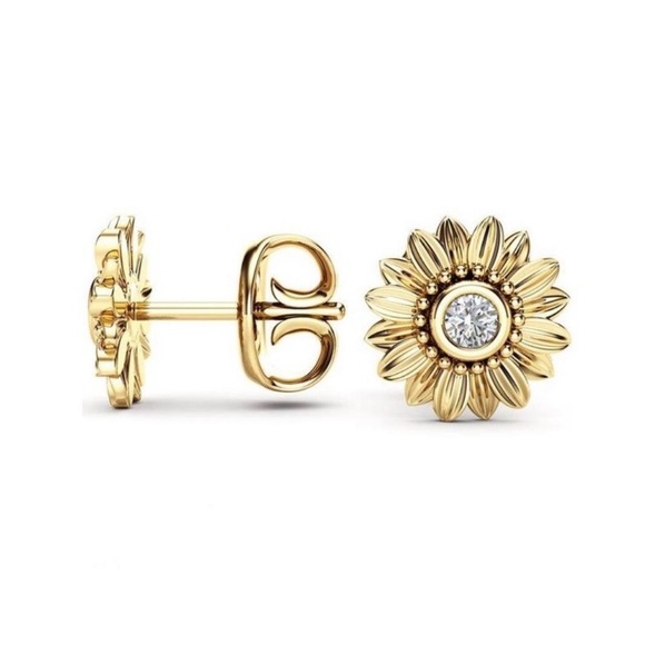 **18K Yellow Gold Diamond Sunflower Stud Earrings - Picture 3 of 3